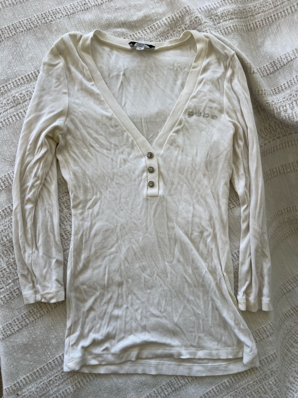 Bebe Women’s Cream Ribbed Henley V-Neck Long Sleeve Top